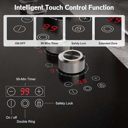 36 Inch Electric Cooktop 5 burner Karienvir, 8900W Built-in Electric Stove Top, Cooktop 36" with Double-ring Burner, Knob & Touch Control, 9 Power Levels, Timer, Safety Lock, 220V-240V Hard Wire