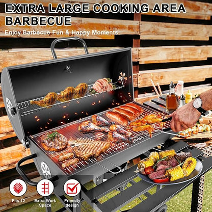 Charcoal Grill with Temperature Gauge - Large Outdoor Barrel Barbecue Grill with Side Table, 565 sq in Cooking Space for 8-12 People, Ideal for Camping and Backyard BBQ