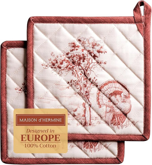 Maison d' Hermine Pot Holders Set 100% Cotton Heat Resistant Potholders 8" x 8" Hot Pads with Loop for Thanksgiving Christmas Decorations BBQ Baking Handling Hot Pans (Pack of 2, Holy Jouy - Brown)
