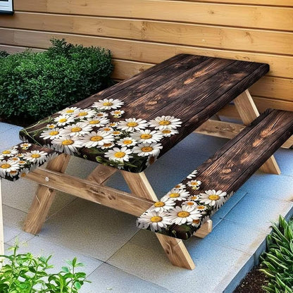 Picnic Table Cover with Bench Covers Elastic Edges, Wooden Board Daisy Fitted Table Cover, Outdoor Patio Camping Essentials 3PCS, Waterproof Camping Fitted Tablecloth with Drawstring Bag 72in