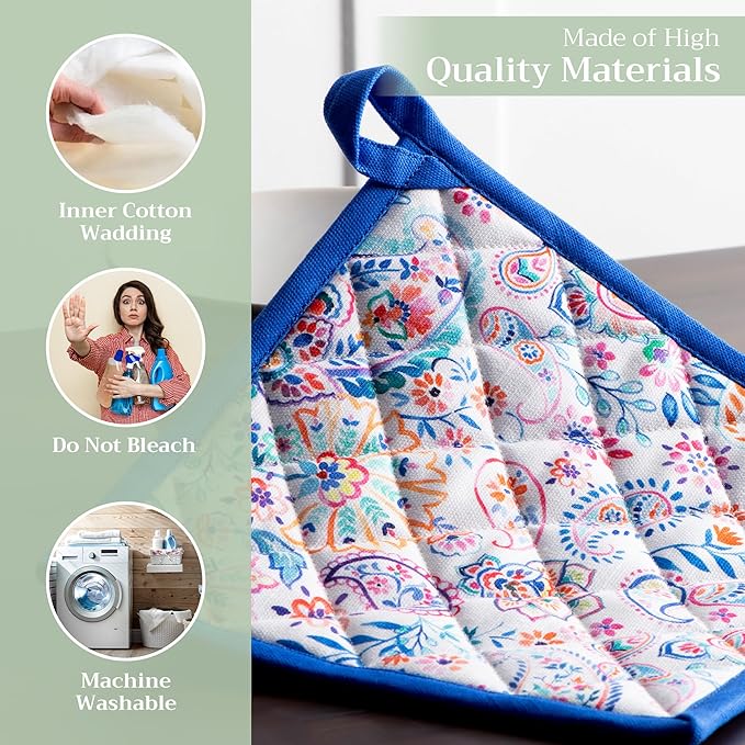 Maison d' Hermine Pot Holders 100% Cotton Heat Resistant Potholders 8" x 8" Hot Pads with Loop BBQ Cooking Baking Hotel Farmhouse Kitchen Handling Hot Pans Spring Summer (Pack of 2, Indian Floral)