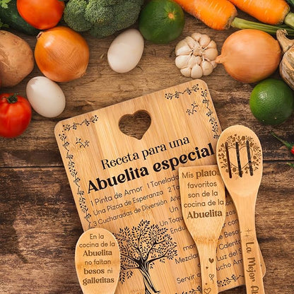 Regalos de cumpleaños para Abuelita - "Receta para una Abuelita especial". Juego de tablas de cortar y utensilios de bambú grabados. Regalos de cumpleaños para Abuelita. Spanish Grandma Cutting Board