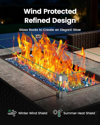 Ciays 43″ Fire Pit Table, with Ceramic Tabletop for Outside Patio & Party | Premium Ceramic Tabletop; Includes Glass Wind Guard & Lid & Glass Rocks; 50,000 BTU Heat; CSA Certified