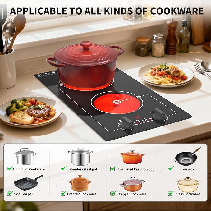 VBGK Electric cooktop, Built-in Design and CountertopStove Top with Knob Control&Touch Control,9 PowerLevel, Timer & Kid Safety Lock,110-120V 2100W 2burner Electric cooktop