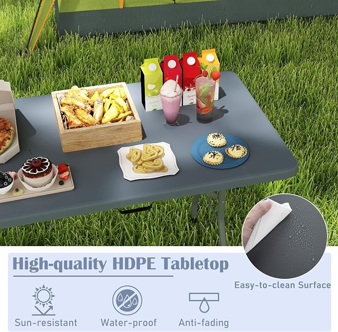 Tangkula 8 FT Folding Table, Indoor Outdoor Foldable Plastic Table | HDPE Tabletop, Sturdy Metal Fame, Carrying Handle, Heavy Duty, Portable ,Fold-in-Half, for Picnic, Camping, BBQ, Party
