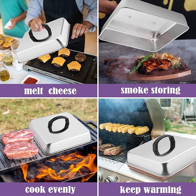 HaSteeL Square Cheese Melting Dome, Stainless Steel 9⅓ x 9⅓ x 2 Inch Steaming Basting Cover, Heavy Duty Griddle Grill Accessories for Flat Top Teppanyaki Cast Iron BBQ Outdoor Kitchen Cooking, 2 Packs