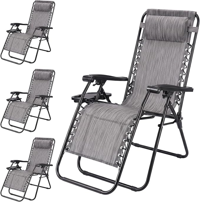 Zero Gravity Chairs Set of 4, Outdoor Folding Lounge Chairs | Foldable Reclining Patio Lawn Chairs with Mesh Back, Adjustable Pillows and Cup Holder Trays, for Pool, Beach, Backyard