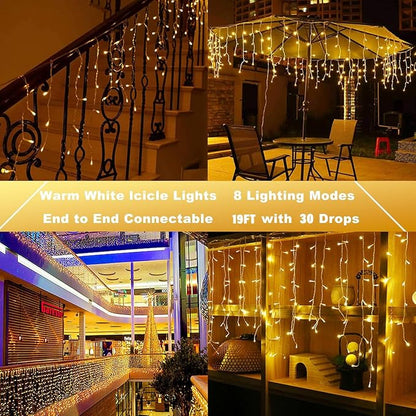 Joomer 19FT Christmas Icicle Lights Outdoor Connectable Warm White | 30 Drops 8 Modes Timer Waterproof Plug-in String Light for Christmas Party, holiday Eaves Roof yard Xmas Decorations