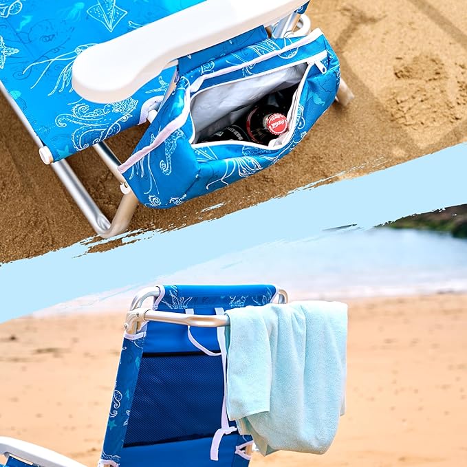 Old Bahama Bay Backpack Beach Chair, Aluminum Lightweight Reclining 5-Position Lounge Chair for Adults Heavy Duty Support 400 LBS Portable Folding with Cooler Bag Camping Chair for Sand Outdoor