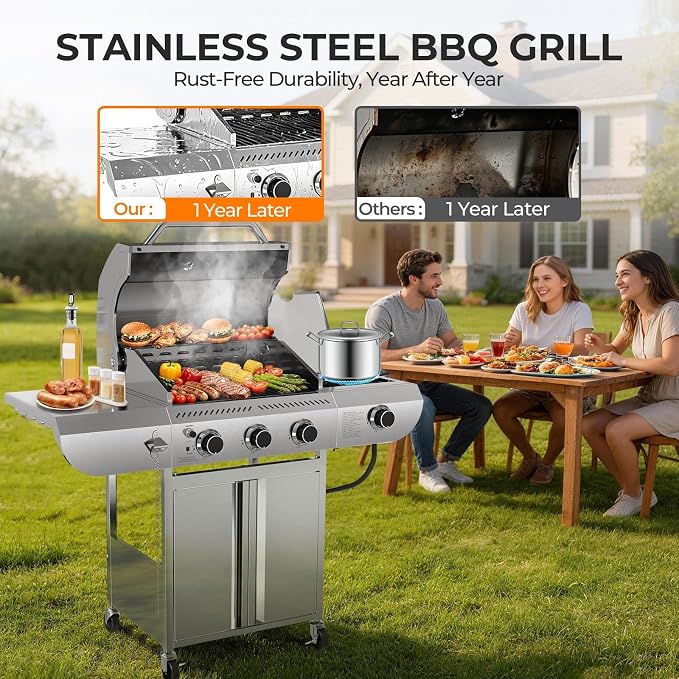 Kismile 3-Burner Propane Gas Grill with Side Burner, Stainless Steel 34,000 BTU BBQ Grill, Cast iron Griddle & Enamel Grates, Barbecue Grill for Outdoor Cooking, Backyard, Patio, Deck Camping