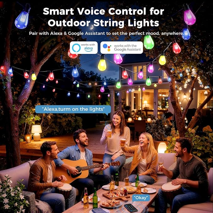 CDN Outdoor Smart RGBW String Light, LED Bulbs, 80Ft Patio Lights Waterproof IP65, App Control, Dimmable Warm White, 111 Scene Modes, Compatible with Alexa