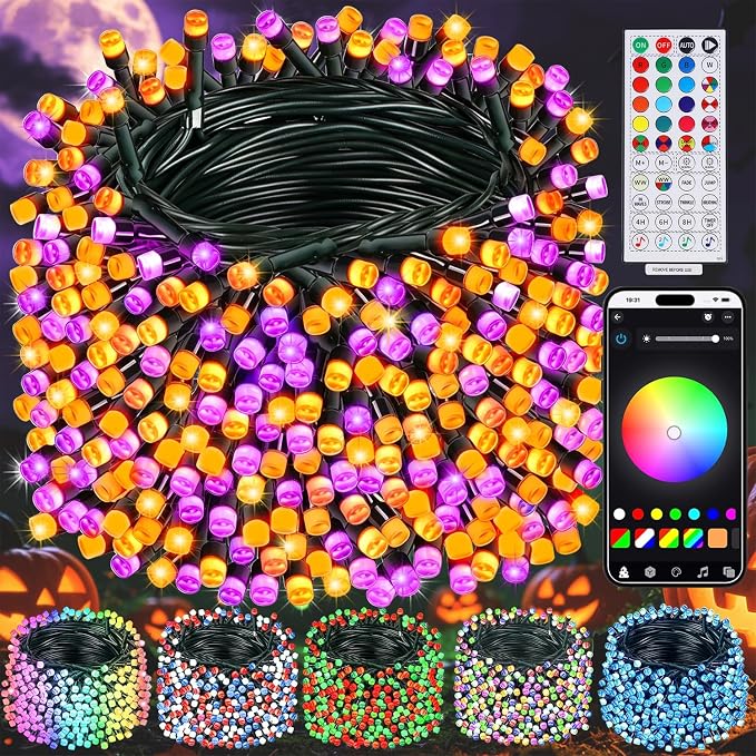 LJLNION Smart Color Changing Halloween Lights, 98.6FT 300 LED RGB String Lights with Remote & App Controlled, Music Sync Multiple Modes, Waterproof Indoor Outdoor Holiday Xmas Tree Party Decor