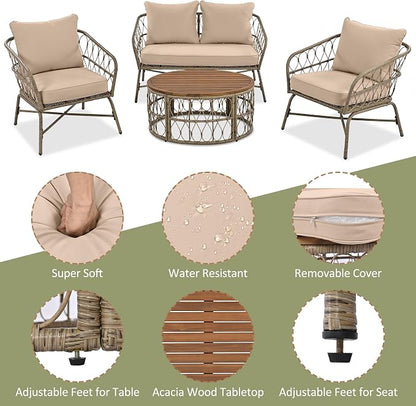 VilroCaz Bohemia-Inspired 4-Person Outdoor Seating Group with Loveseat, 2 Chairs and Table, All Weather Conversation Patio Set with Wood Tabletop and Washable Cushions for Backyard Poolside Garden