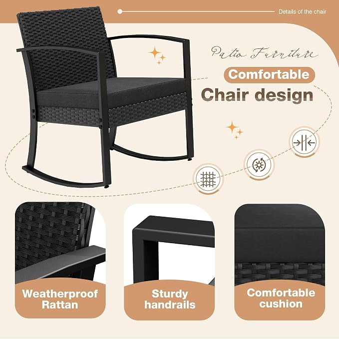 Greesum 3 Pieces Outdoor Furniture Set Patio Bistro Rocking Chairs with Glass Coffee Table for Pool Beach Backyard Balcony Porch Deck Garden, Black