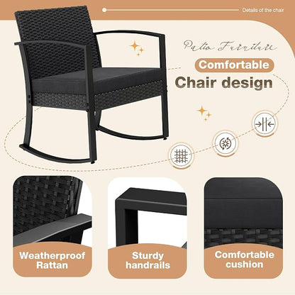 Greesum 3 Pieces Outdoor Furniture Set Patio Bistro Rocking Chairs with Glass Coffee Table for Pool Beach Backyard Balcony Porch Deck Garden, Black