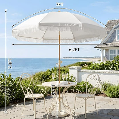 7FT Boho Patio Umberlla with Fringe,UPF50+ Outdoor Umbrella with Fiberglass Ribs and Push Button Tilt,Tassels Umbrella for Beach,Terrace,Picnic