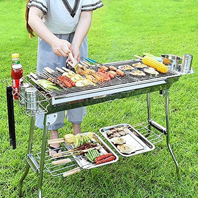 Large Barbecue Grill Stainless Steel BBQ Charcoal Grill Smoker Barbecue Folding Portable for Outdoor Cooking Camping Hiking Picnics Backpacking with Baking Tray 73 * 70 * 33cm