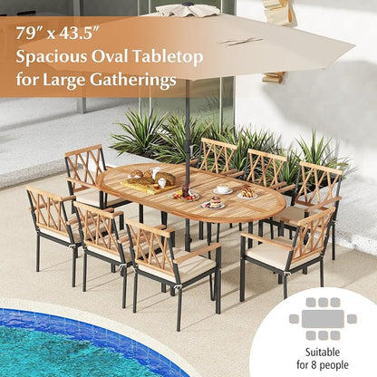 Tangkula 79" Large Patio Dining Table for 6, Acacia Wood 6-Person Dining Table with 2.5" Umbrella Hole & Metal Legs & Adjustable Foot Pads, Oval Outside Table for Garden, Poolside & Backyard