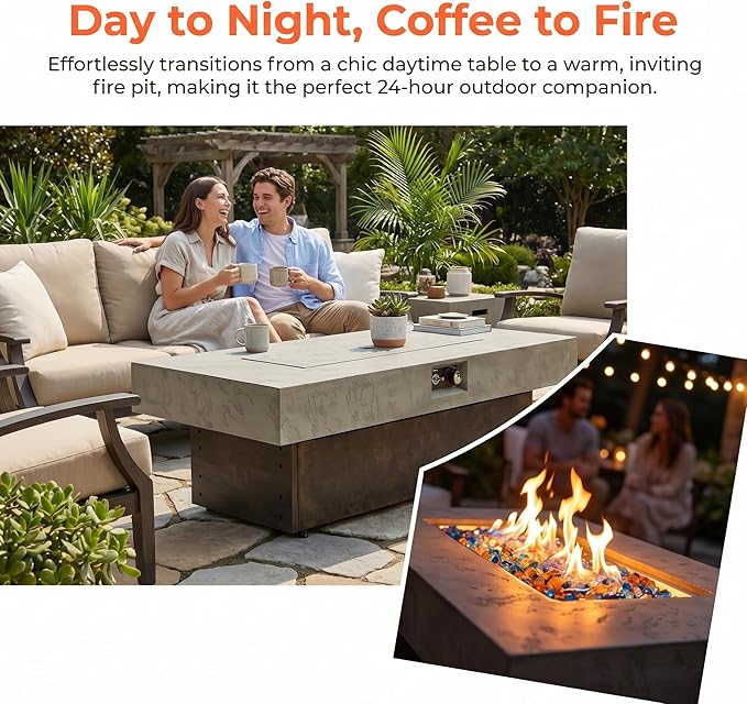 56 Inch Propane Fire Pit Table for Large Gatherings – 50,000 BTU 3-Level Adjustable Outdoor Gas Firepit, Spacious Tabletop for 5-6 People, Easy Ignition for Backyard Parties