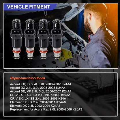 HiSport 16450-RAA-A01 Fuel Injectors 4PCS 8 Holes 2.4L L4 Compatible with Accord 2003-2007,CR-V 2005-2009,Element 2003-2001,Replacement For Acura Rsx 2.0L 2005-2006