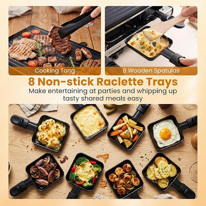 COSTWAY Raclette Grill for 8, 2-in-1 Table Grill & Griddle with Reversible Nonstick Plate, 8 Cheese Pans, 8 Wooden Spatula, Tong & Adjustable Temp Control, 1400W Electric Griller for Indoor & Outdoor