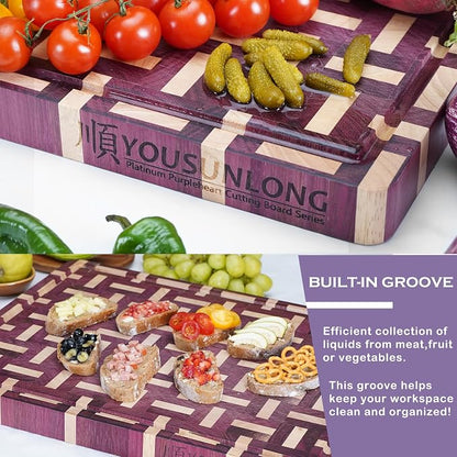 YOUSUNLONG End Grain Cutting Board - 20"L x 16"W Purple Heart Wood Chopping Board -1.5 Inch Thick with Juice Groove and Hand Grip - Butcher Block,Barbecue Tray,Cooktop Board,Cheese Board