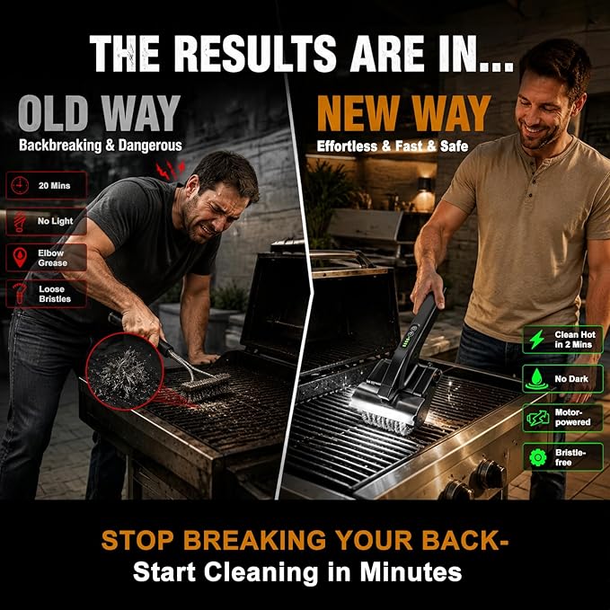 Electric Grill Brush, High Torque BBQ Bristle-Free Cleaner – Rechargeable Cordless with LED Light, Splash Guard & Scraper, Heavy Duty Grill Cleaner Tool for Outdoor Grill, Gift for Men Dad