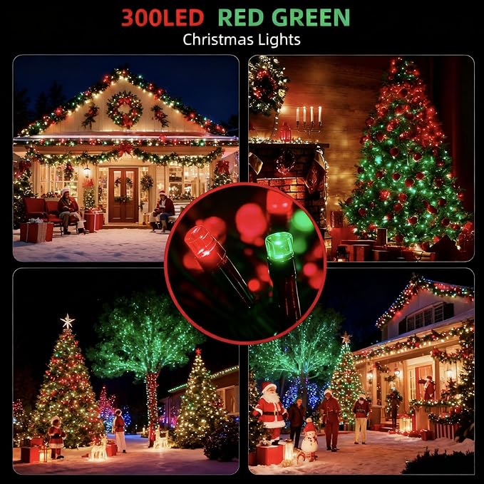 MZD8391 105FT 300LED Christmas Light, Christmas Tree Light, Red Green | Waterproof, 100% UL Listed, 8 Light Mode, Timer & Memory, 4 Set End To End Connect, LED Christmas String Light Outdoor Indoor