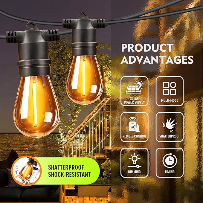 Outdoor Solar String Lights 49FT 15, Shatterproof & Waterproof LED Patio Lights with Remote, Dimmable & Timer Functions, 2700K Warm White Commercial Grade Decorative Hanging Lights