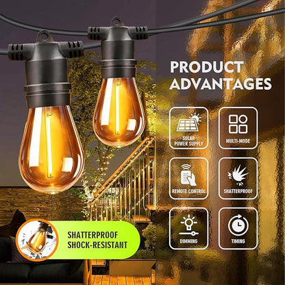 Outdoor Solar String Lights 49FT 15, Shatterproof & Waterproof LED Patio Lights with Remote, Dimmable & Timer Functions, 2700K Warm White Commercial Grade Decorative Hanging Lights