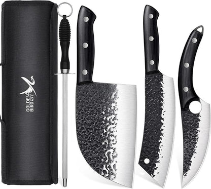 Golden Bird Butcher Knife Set - 4pcs Hand Forged Meat Cleaver Knife & Serbian Chef Knives & Sharp Viking Knives for Meat Cutting, Camping, BBQ, Christmas Gifts for Men Women
