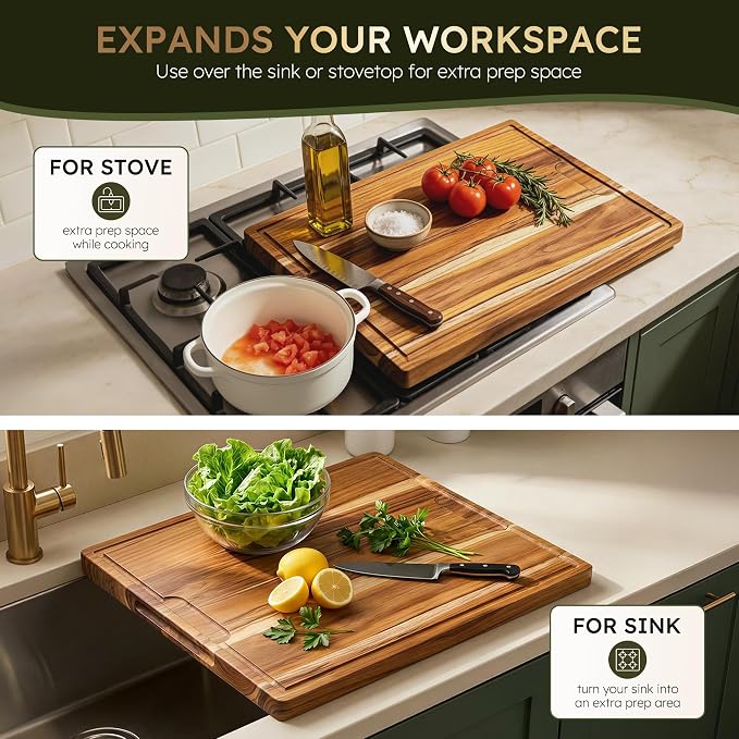 20 x 15 in Teak Cutting Board, Butcher Block with Juice Groove | 1.25” Thick Cutting Board for Meat and Brisket, Wood Cutting Board for Picnic, End Grain Cutting Board for Carving