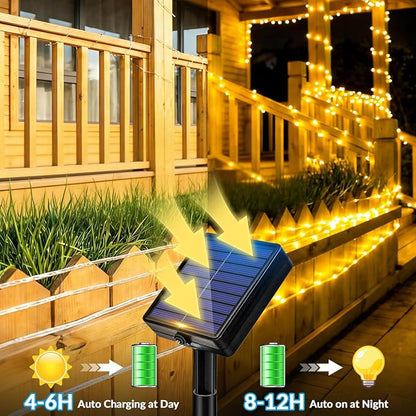 Solar Rope Lights, 33FT 100 LED Solar Fairy Lights with 8 Lighting Modes, IP65 Waterproof Strip Light Outdoor for Garden Yard Patio Deck Fence Tree Party Holiday Decoration, Warm White