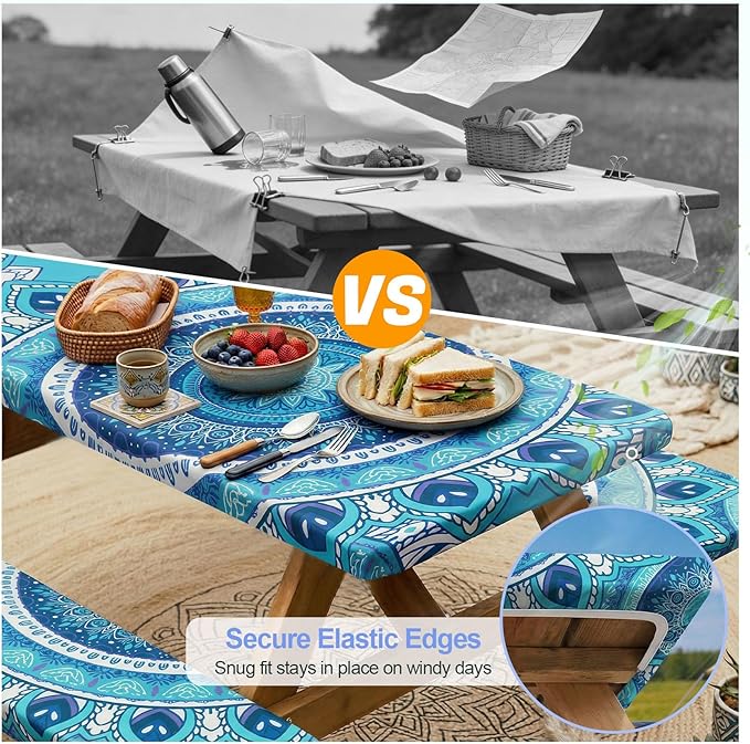 Picnic Table Cover Bench Covers Camping Essentials Tablecloth | Waterproof Vinyl for Outdoor, Windproof Elastic Fitted Edges, RV BBQ Accessories Must Haves, Storage Bag Included