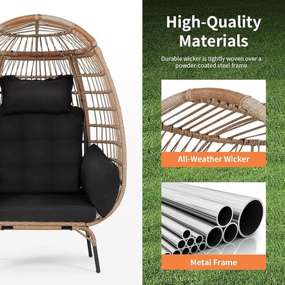 PayLessHere Egg Chair Egg Basket Rattan Chair Steel Frame Oversized Indoor Outdoor Lounger Simple Installation with 4 Comfort Cushion and Stand,352lb Capacity for Patio Garden Living Room，Black