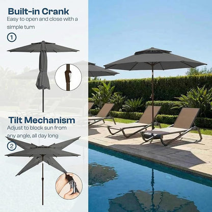 10FT Patio Umbrella, 2 Tier Outdoor Table Umbrella, Large Vented Market Umbrellas with Push Button Tilt and Crank, 8 Sturdy Ribs for Backyard, Deck, Pool, UPF50+ UV Protection