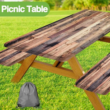 JAWO Brown Rustic Wooden Picnic Table Cover with Bench Covers, Modern Camping RV Essentials Gear Supplies Outdoor Waterproof Windproof Tablecloth with Elastic, 30X72in