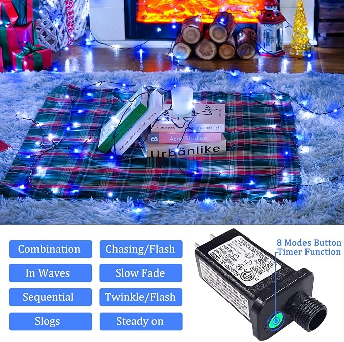 JMEXSUSS 66ft 200 LED Blue and White Christmas Lights, String Light Plug in | Connectable, Waterproof, 8 Moedes Green Wire Christmas Lights for Tree Party Home Indoor Outdoor Decorations