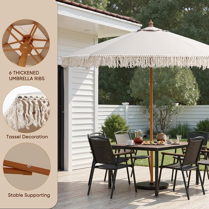 9 FT Patio Umbrella with Fringe,Fringe Portable Beach Umbrella,Heavy-Duty Metal Frame,6 Ribs with Ventilated Canopy,UV Protection & Waterproof, Suitable for Garden,Deck,Pool,Patio Table