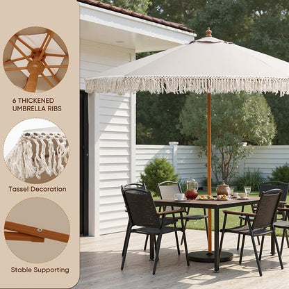 9 FT Patio Umbrella with Fringe,Fringe Portable Beach Umbrella,Heavy-Duty Metal Frame,6 Ribs with Ventilated Canopy,UV Protection & Waterproof, Suitable for Garden,Deck,Pool,Patio Table
