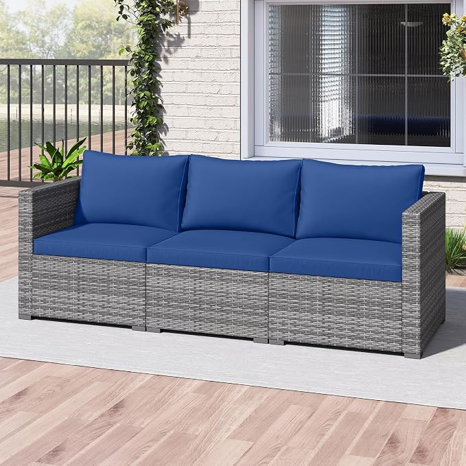 Tangkula 3 Seat Outdoor Wicker Sofa Set, Modular PE Rattan Patio Cushioned Sectional Couch Set, Outside Furniture Set for Deck, Backyard, Porch, Garden & Poolside (Navy)