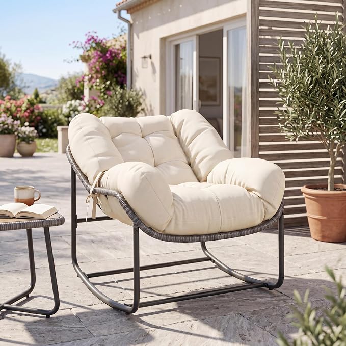 Patio Rocking Chair Set,Indoor Outdoor Rocking Chair,Papasan Chairs with Cushion,Wicker Egg Rockers, Lounge Chair for Patio, Living Room, Bedroom, or Porch,Beige