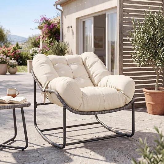 Patio Rocking Chair Set,Indoor Outdoor Rocking Chair,Papasan Chairs with Cushion,Wicker Egg Rockers, Lounge Chair for Patio, Living Room, Bedroom, or Porch,Beige