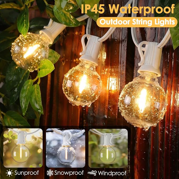 Mlambert 50FT(2x25FT) G40 LED Plug-in Outdoor String Lights 22 Bulbs, White | Plug-in Waterproof Patio Porch Lights for Backyard Party Decor, Connectable, Dimmer not included, Warm White