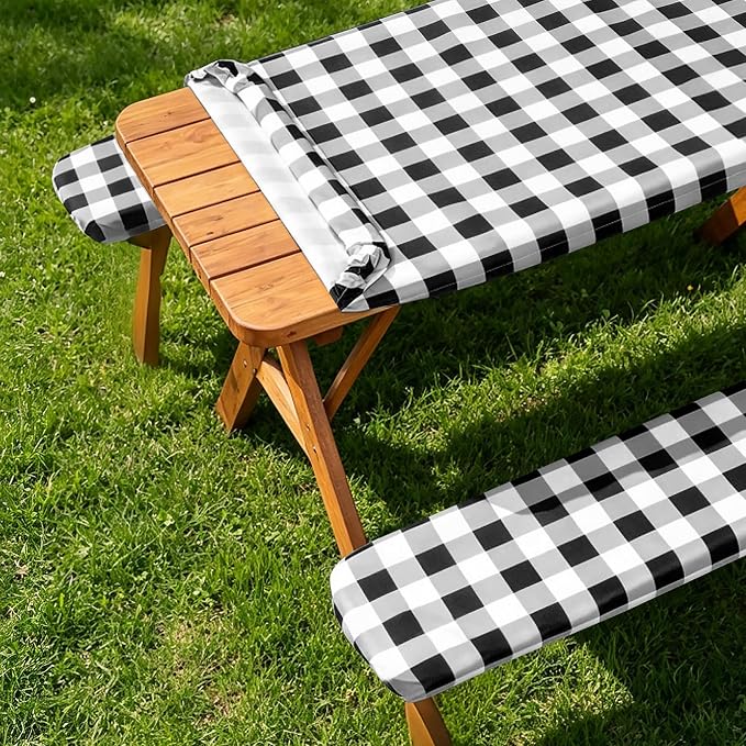 Poise3EHome Picnic Table Cover with Bench Covers, 6 Foot Fitted Elastic Tablecloth Set, Heavy Duty Polyester with TPU Waterproof Backing, Washable Outdoor Picnic Set for Camping,RV & Park(Black&White)