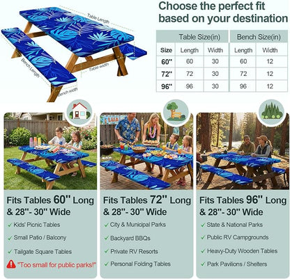 Picnic Table Cover Bench Covers Camping Essentials Tablecloth | Waterproof Vinyl for Outdoor, Windproof Elastic Fitted Edges, RV BBQ Accessories Must Haves, Storage Bag Included