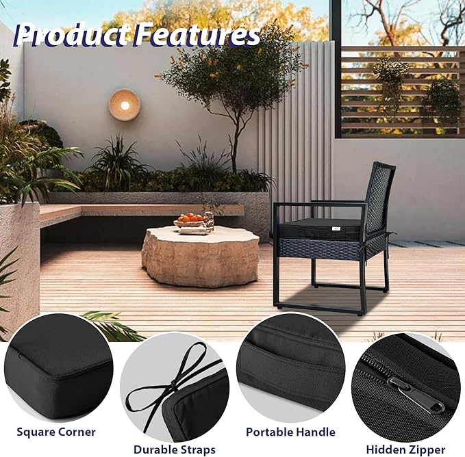IPYNBAP Outdoor Chair Cushions Set of 4 -Waterproof Outdoor Seat Cushions for Patio Furniture, Patio Chair Cushion with Handle and Ties, Out Door Chair Pads,18.5x16x3-Square, Black