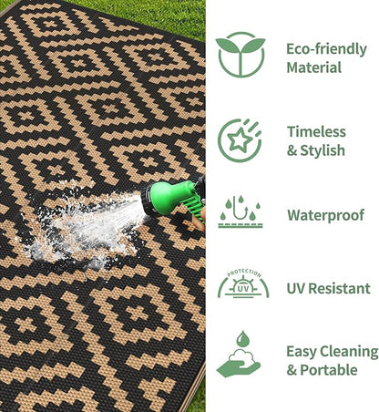 GENIMO Outdoor Rug, Waterproof Plastic Rugs 8'x16' for Camping Black Brown | Outside Larger Modern Carpet Mat for Patio Decor, RV, Porch, Camper, Deck, Picnic, Beach, Backyard, Reversible, Foldable