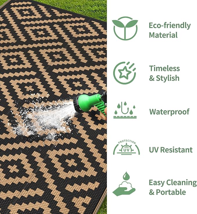 GENIMO Outdoor Rug, Waterproof Plastic Rugs for Patio, 4'x6' Black Brown | Outside Larger Modern Carpet Mat for Porch Decor, Deck, Balcony, Camping, RV, Backyard, Picnic, Beach, Reversible, Foldable