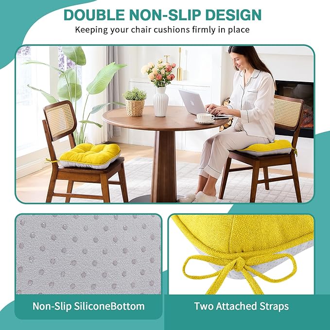 BETU Chair Cushions for Dining Chairs Set of 6,3.5" Thick Kitchen Table Chair Pads with Ties,Non Slip Backing and Covers, Seat Cushion for Dining Room,Bar,Patio Chairs,15.5"X15.5"X3.5",Gold